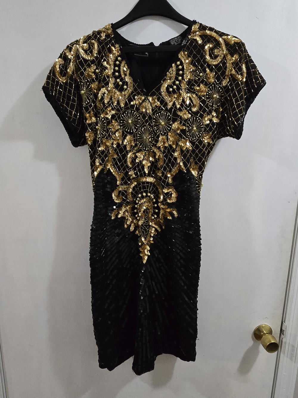 Jewel Queen Elegant Black & Gold Embellished Evening Dress, Small